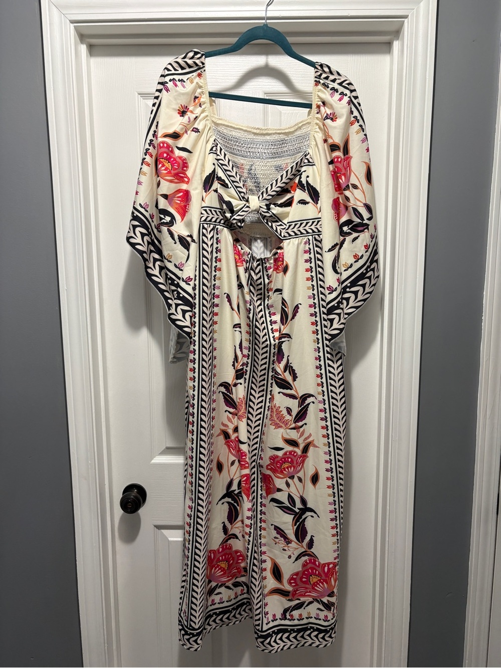 SHEIN Cream Maxi Dress with Pink Floral and Black Trim